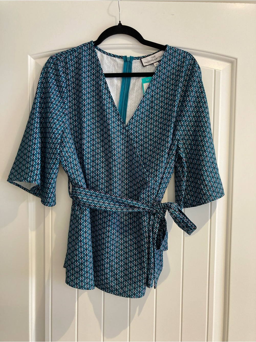 NWT The Modern Abstract Teal Geometric Peplum Tie Waist Top XL